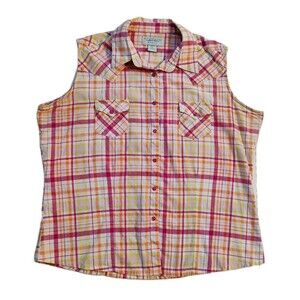 Wrangler Blues Women's Plaid Sleeveless Blouse With Pearl‎ Snaps, Size XL